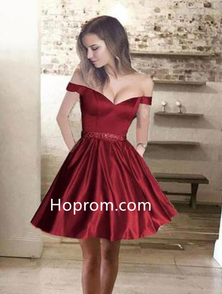 Short Beading Burgundy Homecoming Dress, Off the shoulder Prom Dress