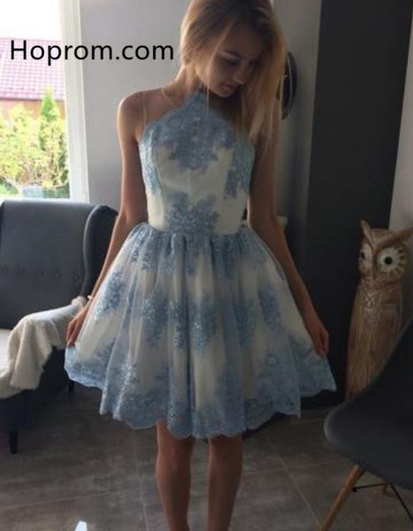 Blue Lace Short Princess A-line Homecoming Dress