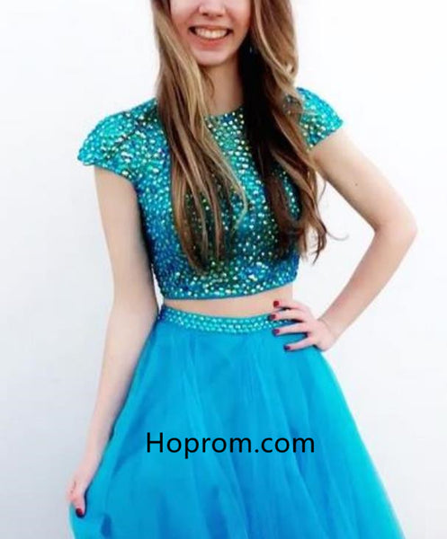 Blue Crystal Two Piece Homecoming Dress
