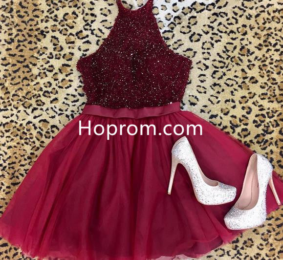 Cute Short Beading Homecoming Dress, Halter Red Prom Dress