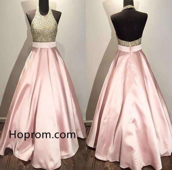 Backless Homehoming Dress, Pink Halter Beadings Homehoming Dress