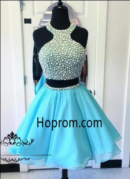 Blue Two Piece Homecoming Dress with Beads