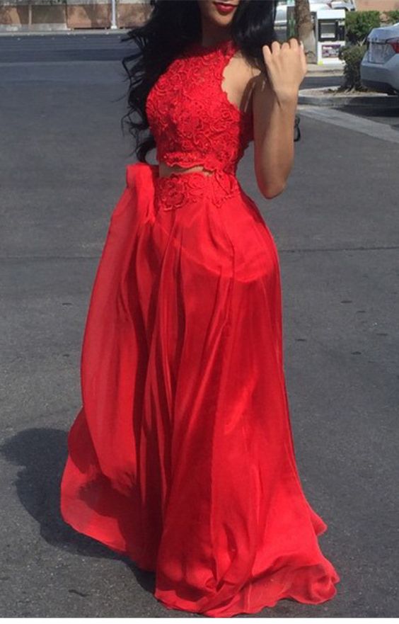 Hot Red Two Piece Lace Applique Prom Dress, Sexy Prom Dress