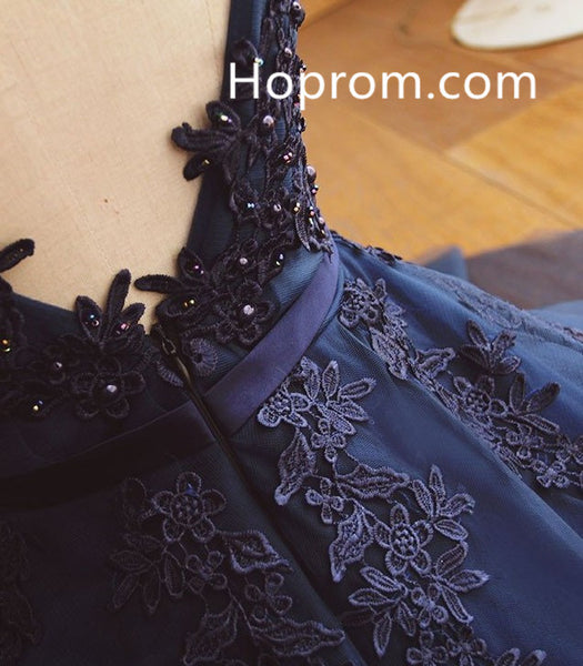 Appique Beading Homecoming Dress, Navy Blue Strapless Prom Dress
