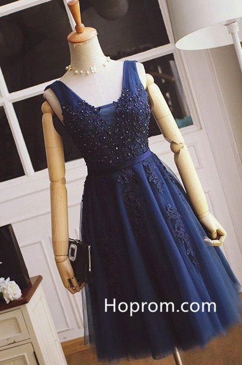 Appique Beading Homecoming Dress, Navy Blue Strapless Prom Dress