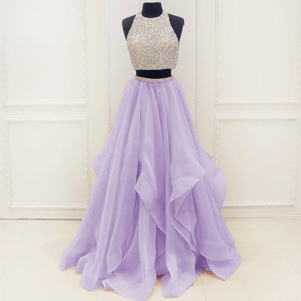 Lavender Stunning Sequins And Beaded Top Organza Ruffles Two Piece Prom Dress