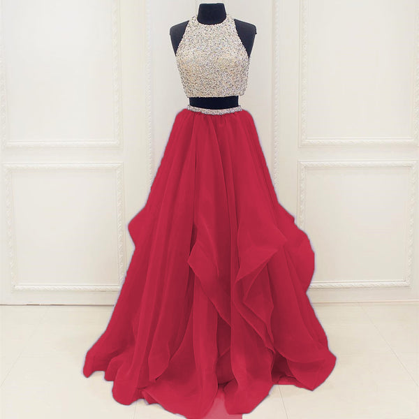 Hot Red Stunning Sequins And Beaded Top Organza Ruffles Two Piece Prom Dress