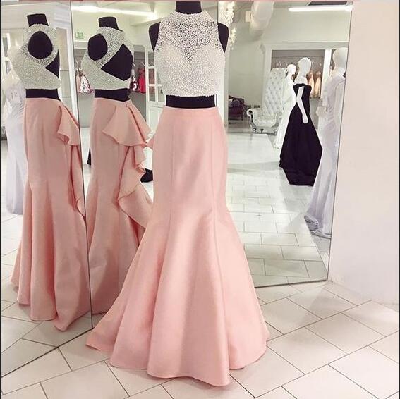 Two Piece Beading Long Prom Dress, Pink Mermaid Prom Dress