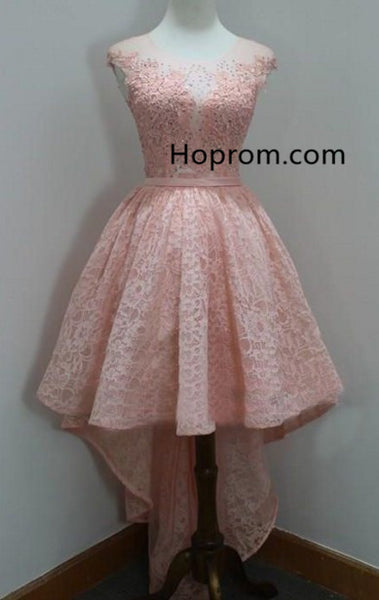 Beading Homecoming Dress, Pink Lace High Low Homecoming Dresses