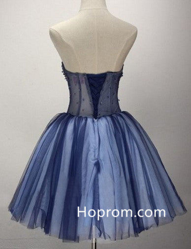 Blue A-line Tull Homecoming Dress with Beadings