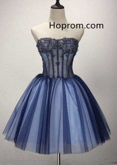 Blue A-line Tull Homecoming Dress with Beadings