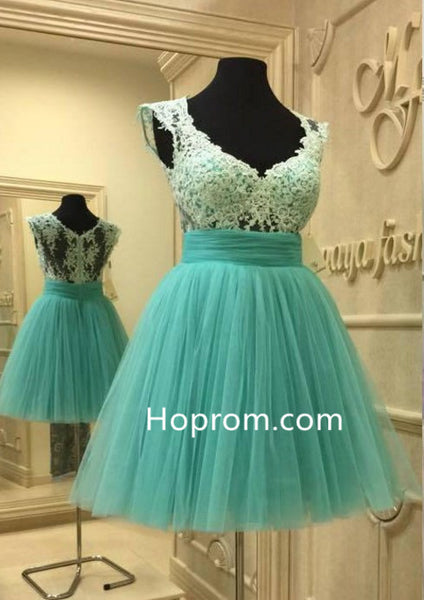 Cap Sleeve Homecoming Mint V-neck Dresses with Lace Appliques