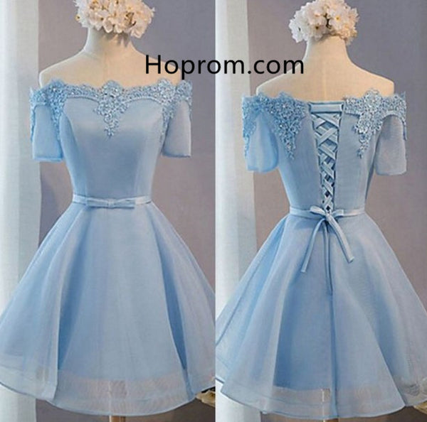 Off Shoulder Baby Blue Homecoming Dresses with Appliques