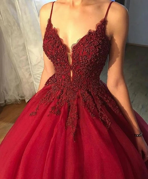 Sexy V Neck Burgundy Prom Dresses Applique Evening Formal Dress