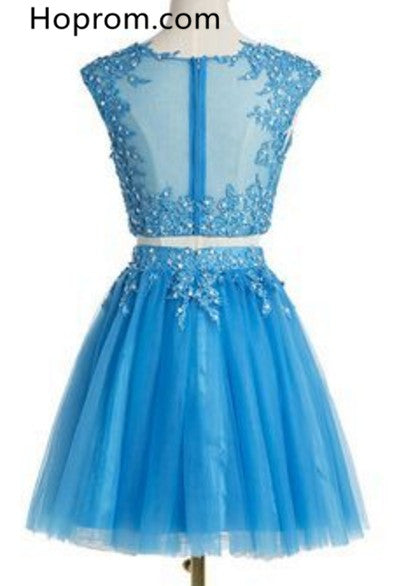 Two Pieces Light Blue Tull Homecoming Dress with Beading Appliques