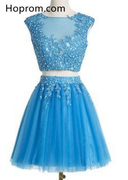 Two Pieces Light Blue Tull Homecoming Dress with Beading Appliques