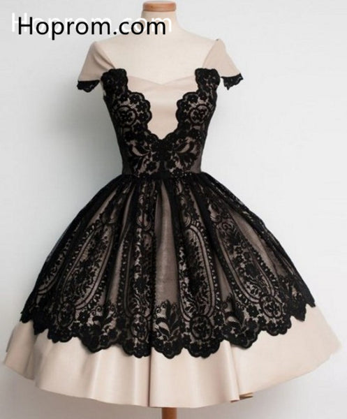 Elegant Black Lace Cap Sleeve Homecoming Dress