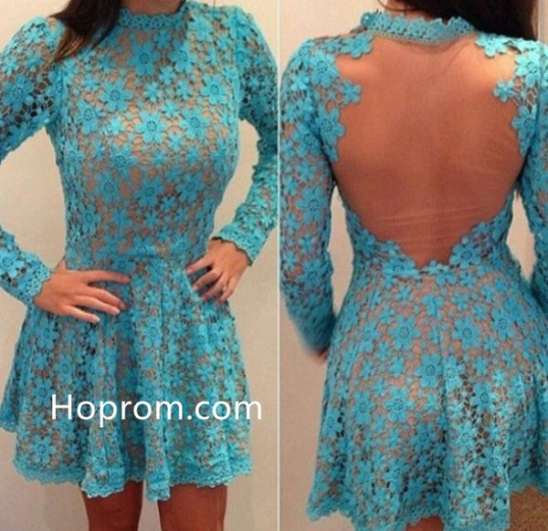 Long Sleeves Little Cute Flower Lace Homecoming Dresses