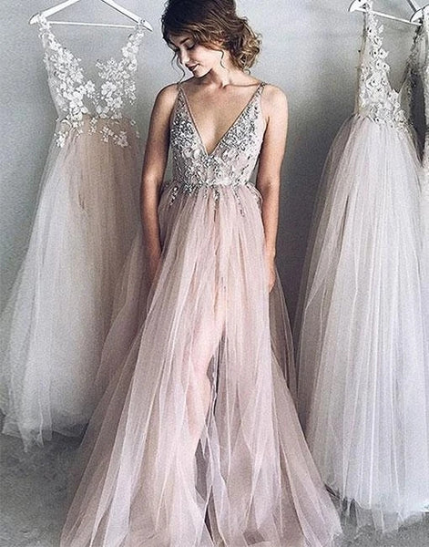 Spaghetti Straps Beaded Chic Prom Dresses A Line Elegant Evening Formal Dress