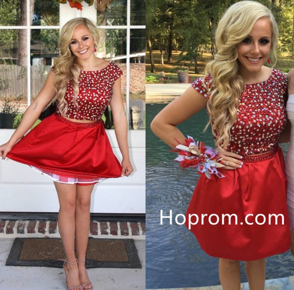 Beading Homecoming Dress, Hot Red Two Pieces Short Prom Dresses