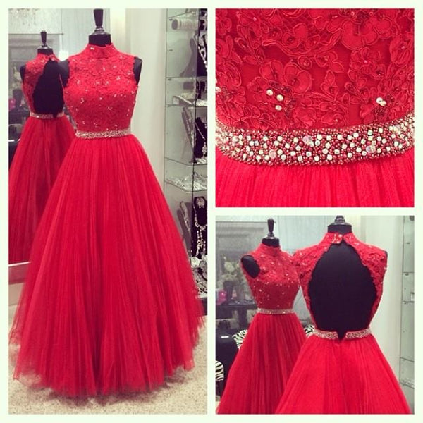 Red High Neck Lace Beading Prom Dress, Tulle Prom Dresses