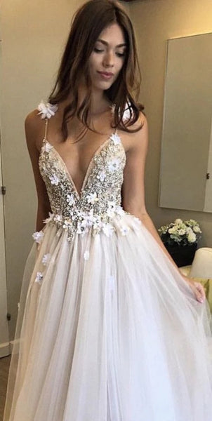 Spaghetti Straps V Neck Floral Sexy Prom Dress Applique Lace Evening Dress