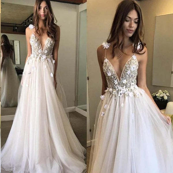 Spaghetti Straps V Neck Floral Sexy Prom Dress Applique Lace Evening Dress