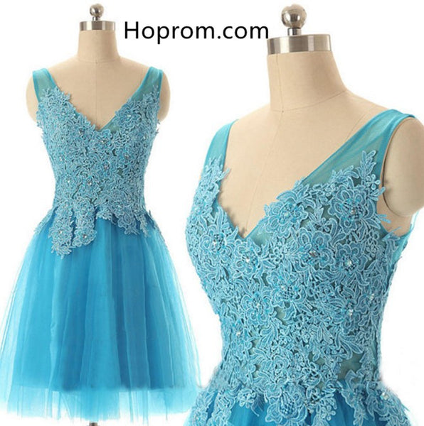 V-neck Baby Blue Homecoming Dress with Appliques