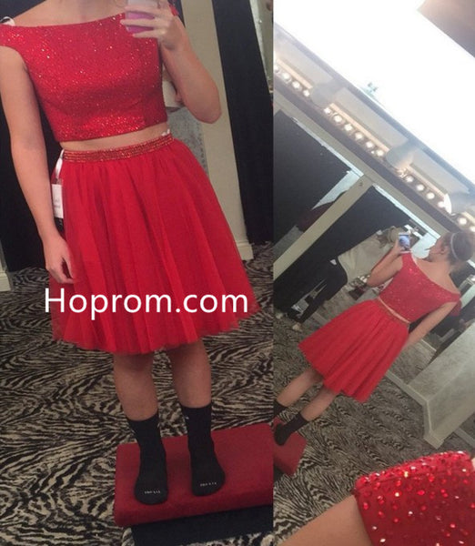 Cap Sleeve Two Piece Homecoming Dress, Hot Red Sparkly Homecoming Dresses