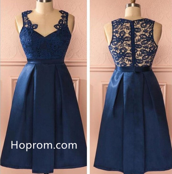 V-neck Lace Navy Blue Homecoming Dress, Short Prom Dresses