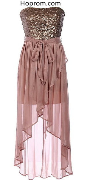 Rose Golden Sequins Homecoming Dress, High Low Chiffon Homecoming Dress