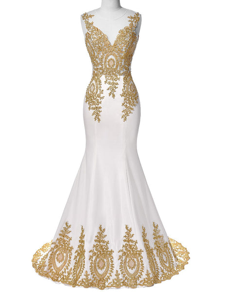 Applique White Prom Dresses,Evening Dress,Beading Prom Dress