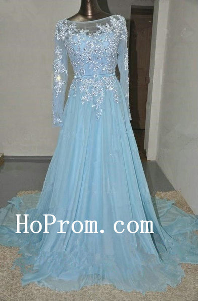 Beading Light Blue Prom Dresses,Long Sleeve Prom Dress,Evening Dress