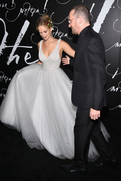 White Jennifer Lawrence Bridal Gown Dress Plunging Backless Wedding Celebrity Dress For Sale