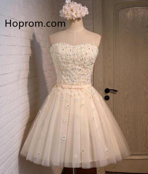 Cute Short Beaded Homecoming Dress, Ivory Lace Prom Dresses