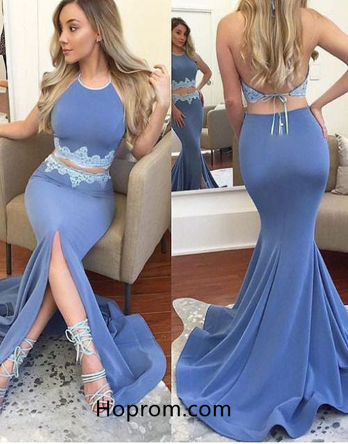 Halter Two Pieces Blue Prom Dress, Cute Lace Prom Dresses