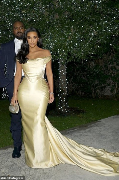 Champagne Kim Kardashian (Kim K) Corset Off The Shoulder Wedding Dress Diddy's 50th Birthday Party