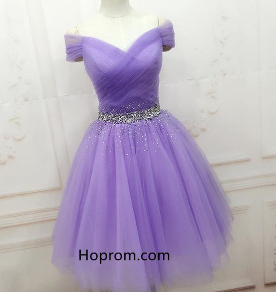 Beaded Homecoming Dress, Elegant Purple Tulle Short Prom Dresses