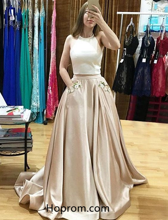 Ivory/Champagne Two Piece Prom Dress, Halter Satin Formal Gown With Pockets