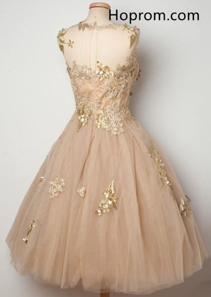 Tulle Champagne Homecoming Dresses with Appliques, Short Prom Dress