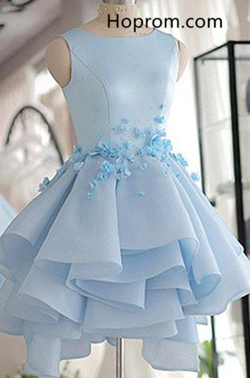 Scoop Neck Flowers Homecoming Dress, Sky Blue A-line Prom Dress