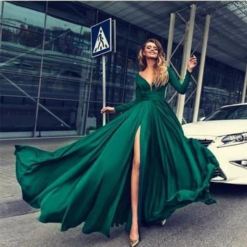 Simple High Slit Sexy Prom Dresses Formal Dress Red, Green & Blue 3 Colors