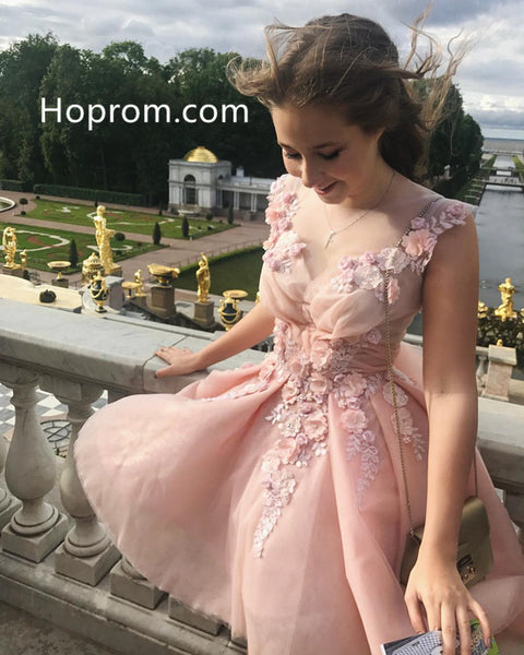Cute Short Flowers Homecoming Dresses, Elegant Pink Prom Dress