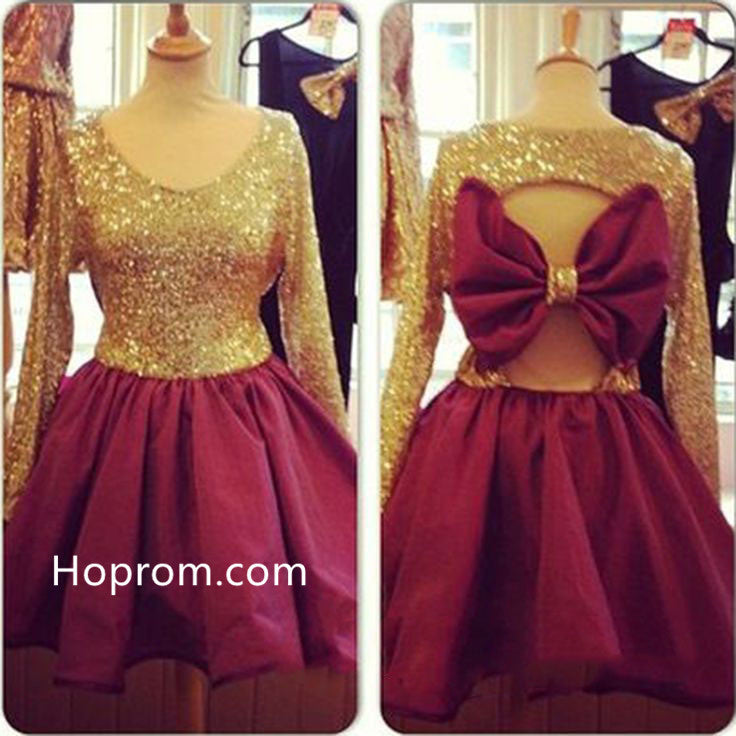 Long Sleeve Homecoming Dress, Gold Sequins Bow Back Cute Prom Dress Hoprom Long Sleeve Homecoming Dress, Gold Sequins Bow Back Cute Prom Dress Hoprom