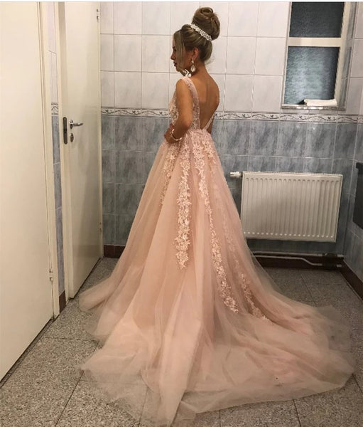 Applique Lace Straps Prom Dresses Plunge V Neck Formal Evening Dress