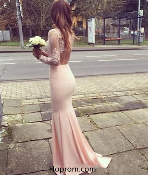 High Neck Pink Lace Prom Dress, Long Open Back Prom Dresses