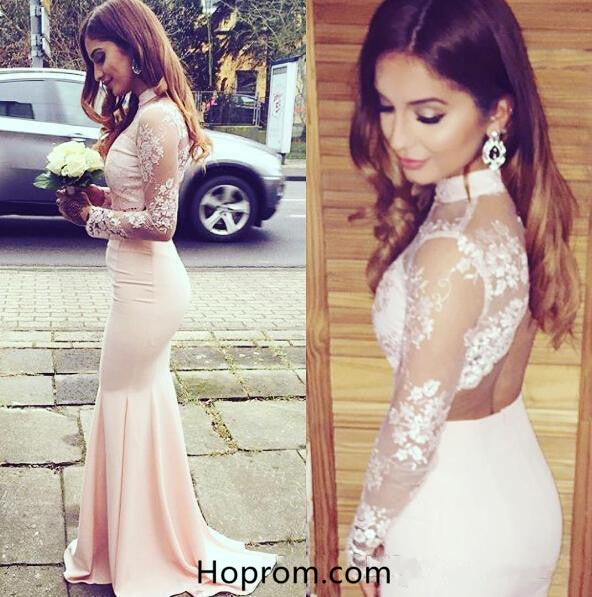 High Neck Pink Lace Prom Dress, Long Open Back Prom Dresses