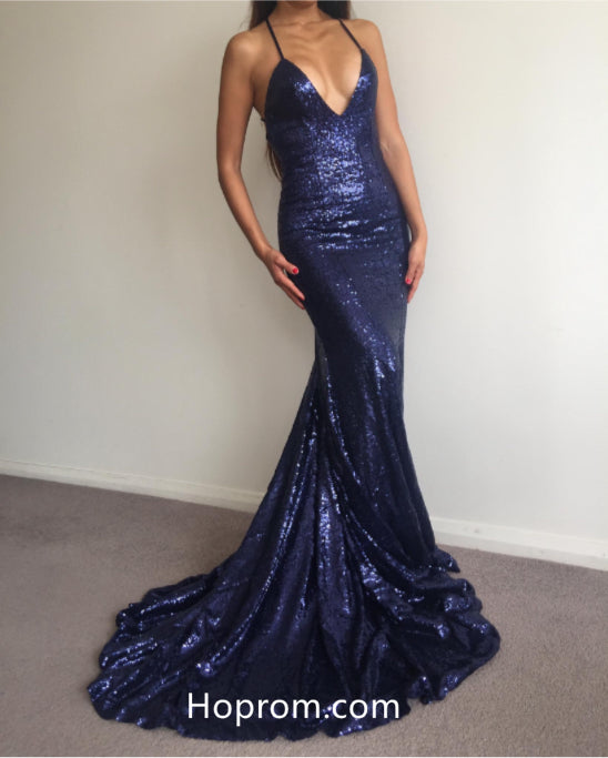 Navy Blue Sequins Prom Dress, Sexy Backless Prom Dresses