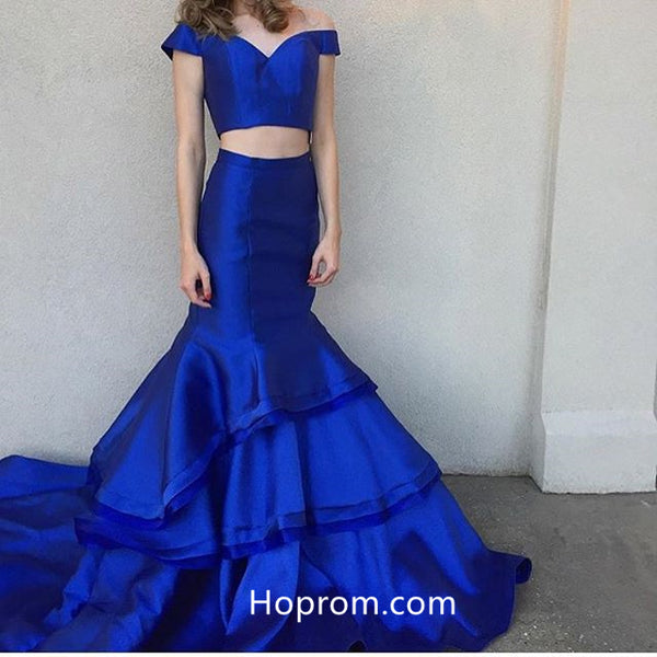 Off the Shoulder Royal Blue Prom Dress, Two Piece Mermaid Prom Gown