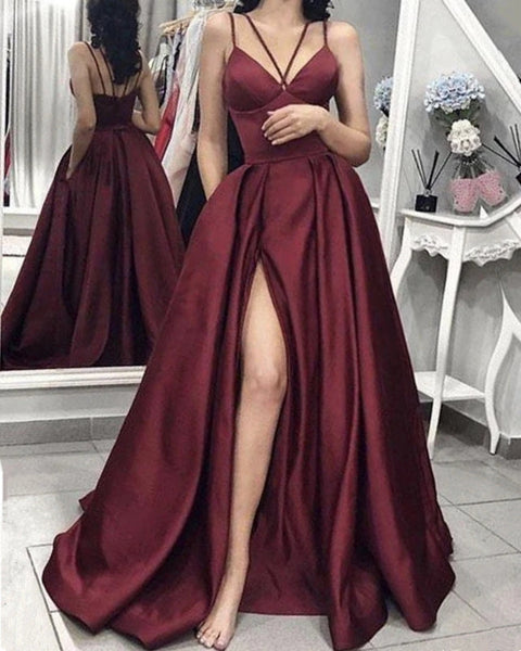 Sexy Spaghetti Straps Prom Dress High Slit Evening Dresses Red, Blue & Green 3 Colors